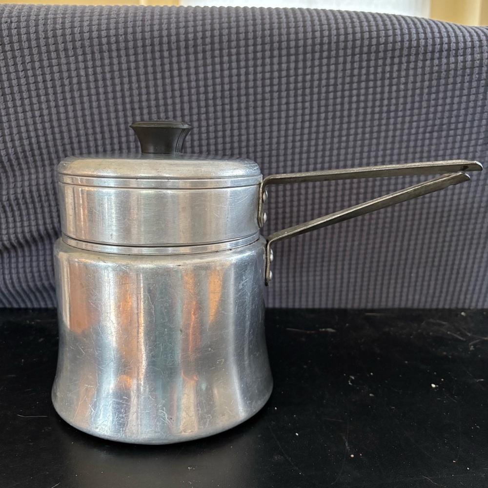 Vintage 1 1/2 Qt Mirro Brand Aluminum Double Boiler w/Lid for Campfire Cooking